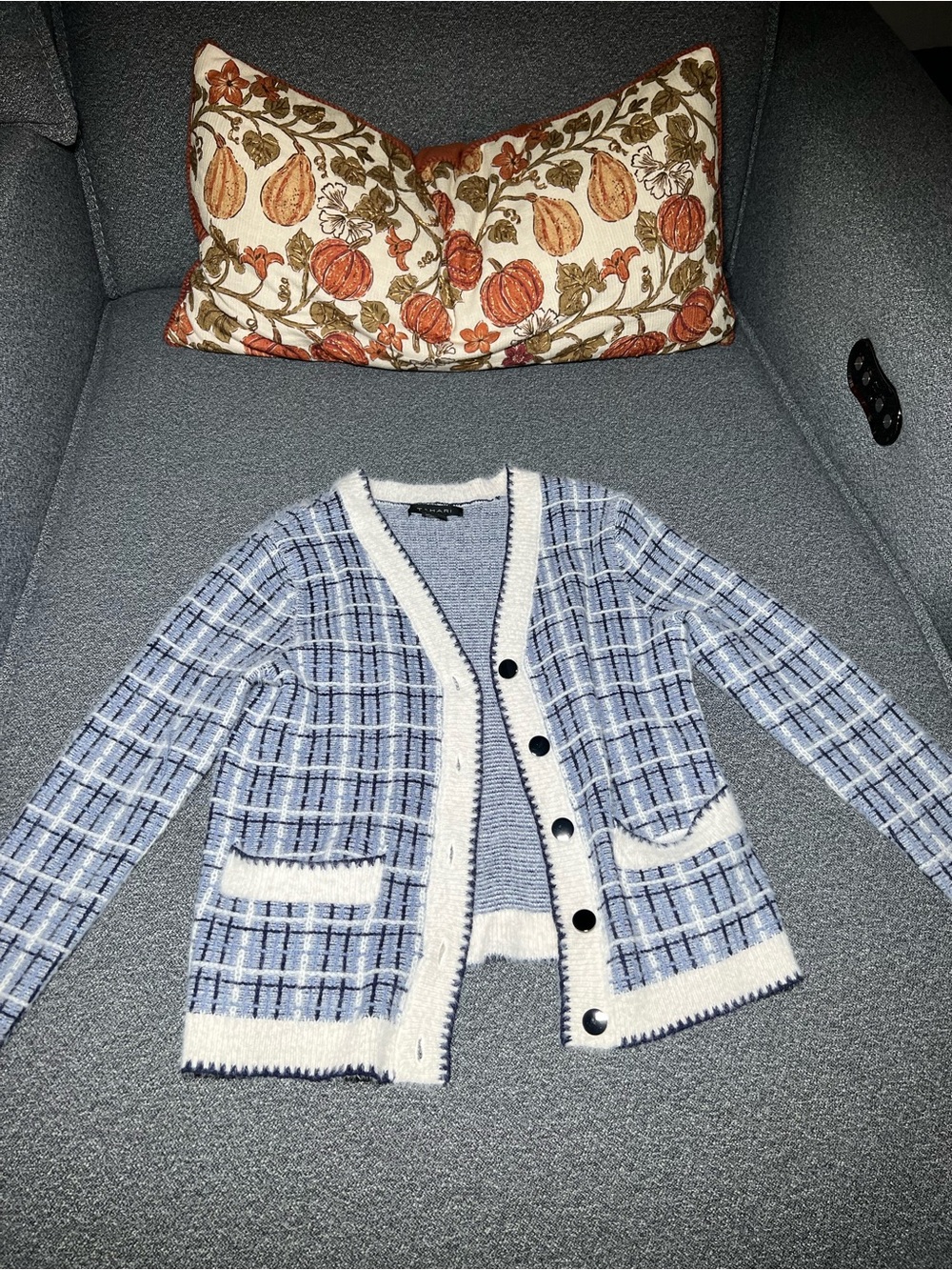 Tahari Light Blue and White Tweed Cardigan